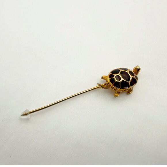 Vintage 70s Turtle Stick Pin Green Enamel Shell Gold Tone Lapel Hat Pin - Picture 8 of 10